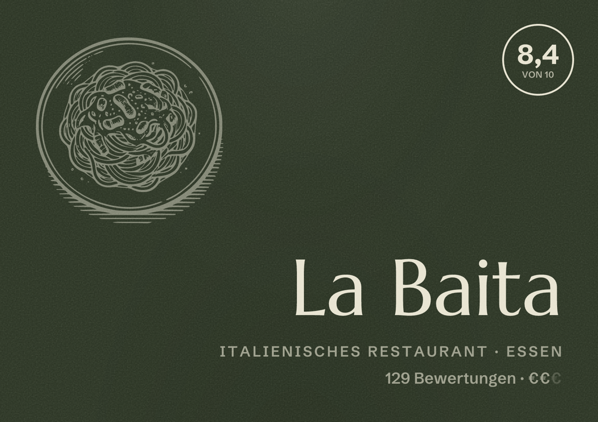 Illustriertes Poster von La Baita, Italienisches Restaurant in Essen: Bewertung 8,4 von 10 aus 129 Bewertungen, Preisniveau €€