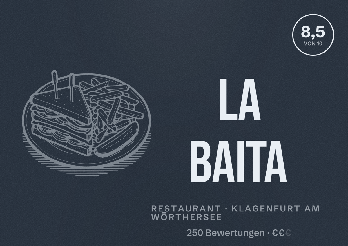 Illustriertes Poster von La Baita, Restaurant in Klagenfurt am Wörthersee: Bewertung 8,5 von 10 aus 250 Bewertungen, Preisniveau €€