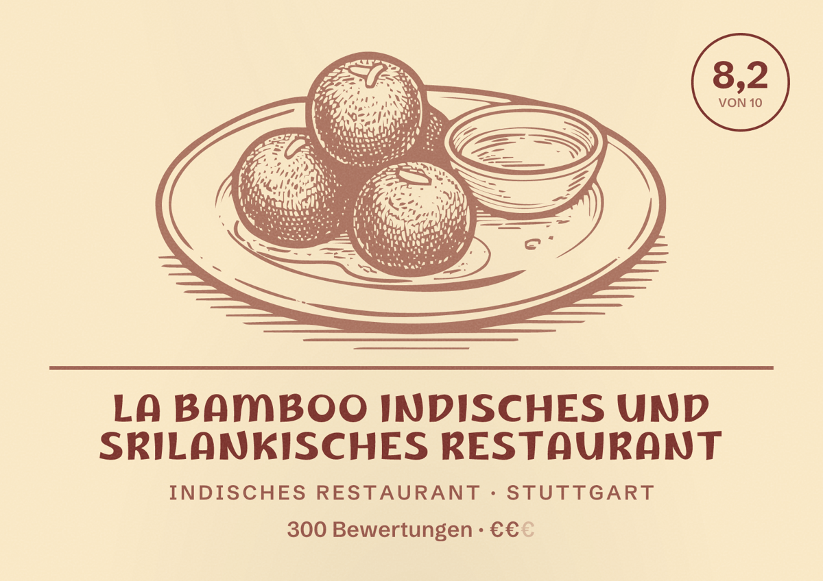 Illustriertes Poster von La Bamboo Indisches und Srilankisches Restaurant, Indisches Restaurant in Stuttgart: Bewertung 8,2 von 10 aus 300 Bewertungen, Preisniveau €€