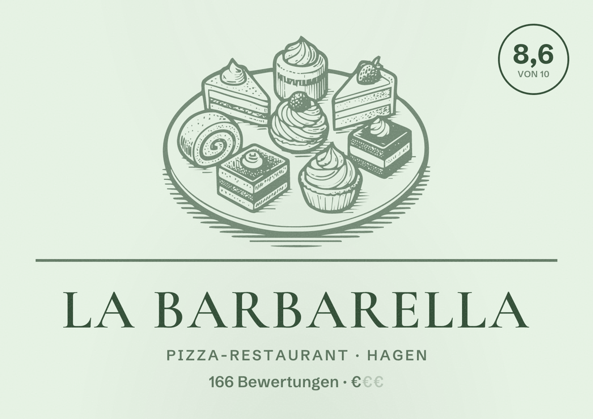 Illustriertes Poster von La Barbarella, Pizza-Restaurant in Hagen: Bewertung 8,6 von 10 aus 166 Bewertungen, Preisniveau €