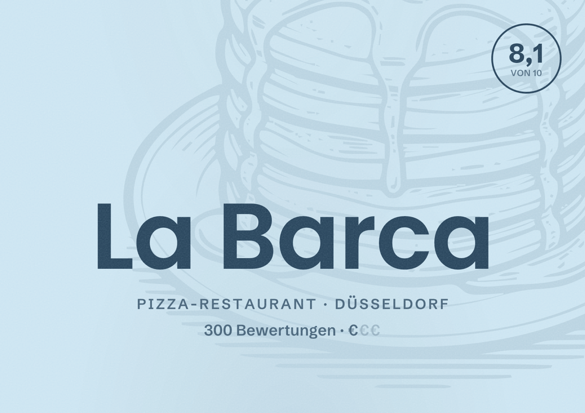 Illustriertes Poster von La Barca, Pizza-Restaurant in Düsseldorf: Bewertung 8,1 von 10 aus 300 Bewertungen, Preisniveau €