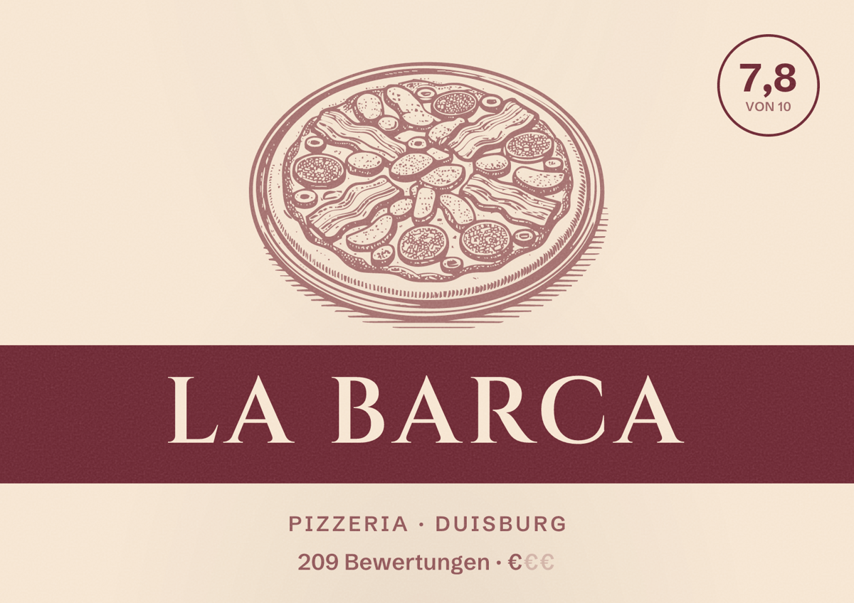 Illustriertes Poster von La Barca, Pizzeria in Duisburg: Bewertung 7,8 von 10 aus 209 Bewertungen, Preisniveau €
