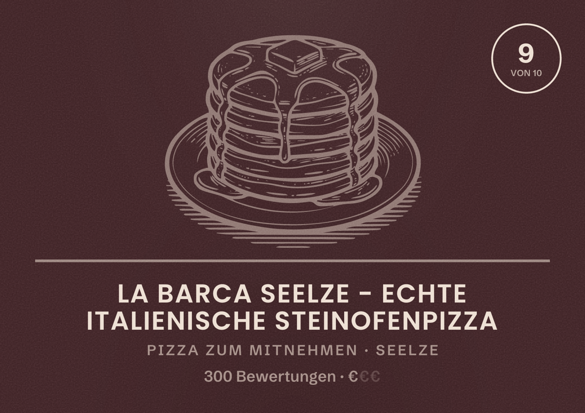 Illustriertes Poster von La Barca Seelze - Echte italienische Steinofenpizza, Pizza zum Mitnehmen in Seelze: Bewertung 9 von 10 aus 300 Bewertungen, Preisniveau €