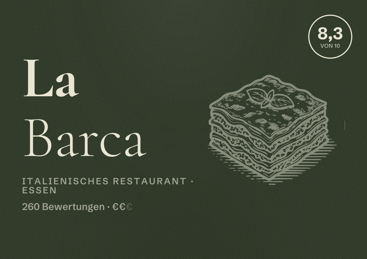 Illustriertes Poster von La Barca, Italienisches Restaurant in Essen: Bewertung 8,3 von 10 aus 260 Bewertungen, Preisniveau €€