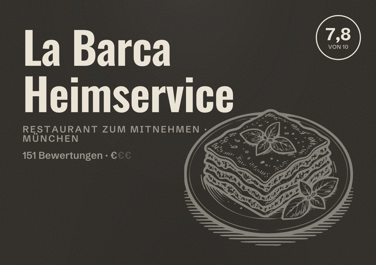 Illustriertes Poster von La Barca Heimservice, Restaurant zum Mitnehmen in München: Bewertung 7,8 von 10 aus 151 Bewertungen, Preisniveau €
