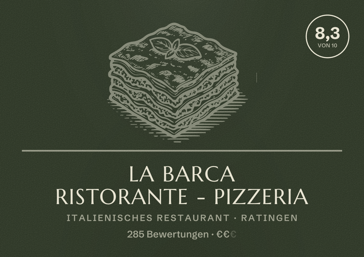 Illustriertes Poster von LA BARCA Ristorante - Pizzeria, Italienisches Restaurant in Ratingen: Bewertung 8,3 von 10 aus 285 Bewertungen, Preisniveau €€