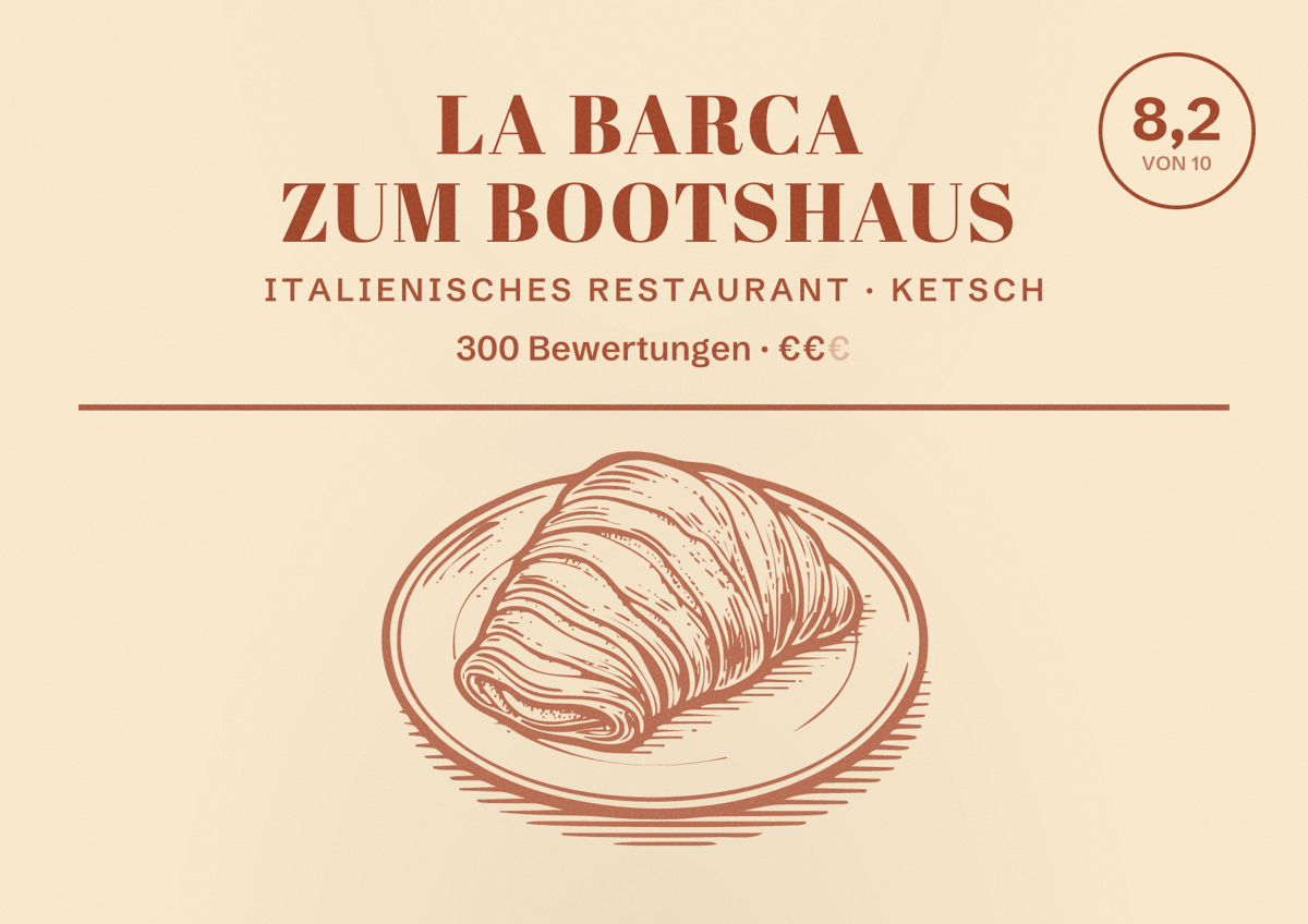 Illustriertes Poster von La Barca zum Bootshaus, Italienisches Restaurant in Ketsch: Bewertung 8,2 von 10 aus 300 Bewertungen, Preisniveau €€