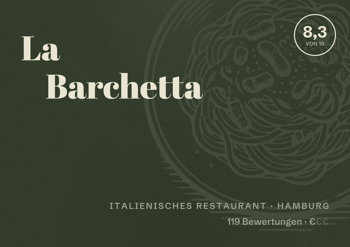 Illustriertes Poster von La Barchetta, Italienisches Restaurant in Hamburg: Bewertung 8,3 von 10 aus 119 Bewertungen, Preisniveau €