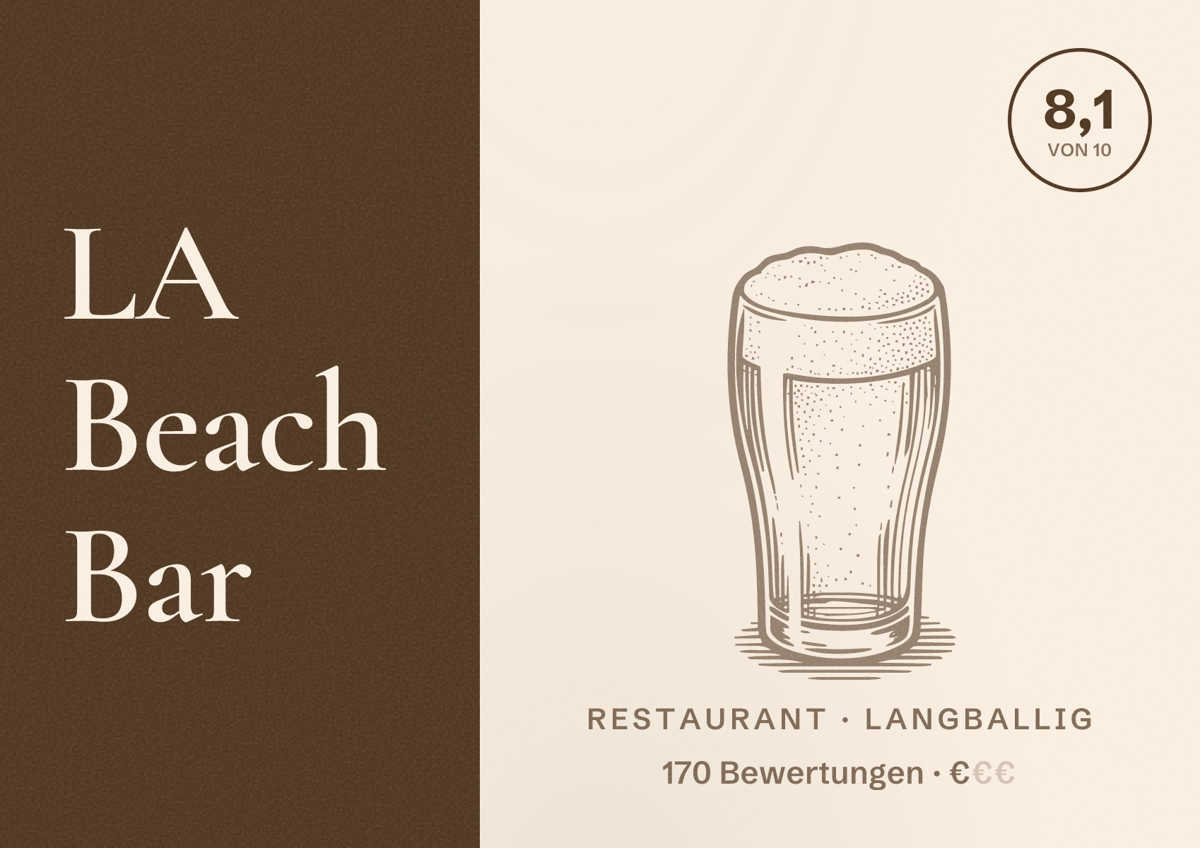Illustriertes Poster von LA Beach Bar, Restaurant in Langballig: Bewertung 8,1 von 10 aus 170 Bewertungen, Preisniveau €