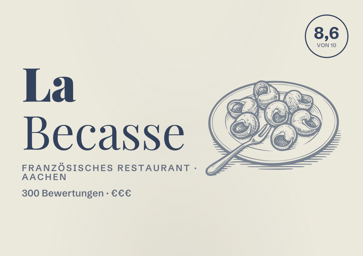 Illustriertes Poster von La Becasse, Französisches Restaurant in Aachen: Bewertung 8,6 von 10 aus 300 Bewertungen, Preisniveau €€€