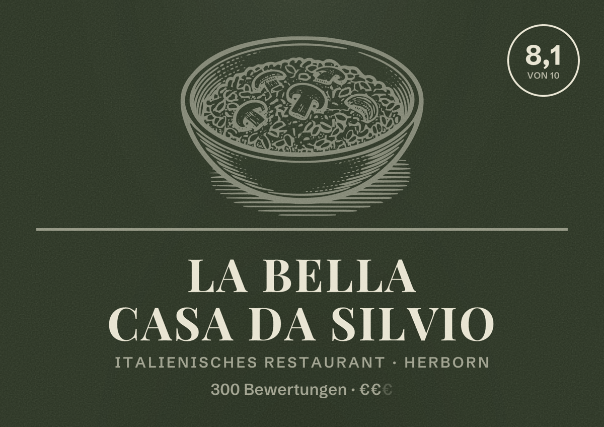 Illustriertes Poster von La bella Casa da Silvio, Italienisches Restaurant in Herborn: Bewertung 8,1 von 10 aus 300 Bewertungen, Preisniveau €€