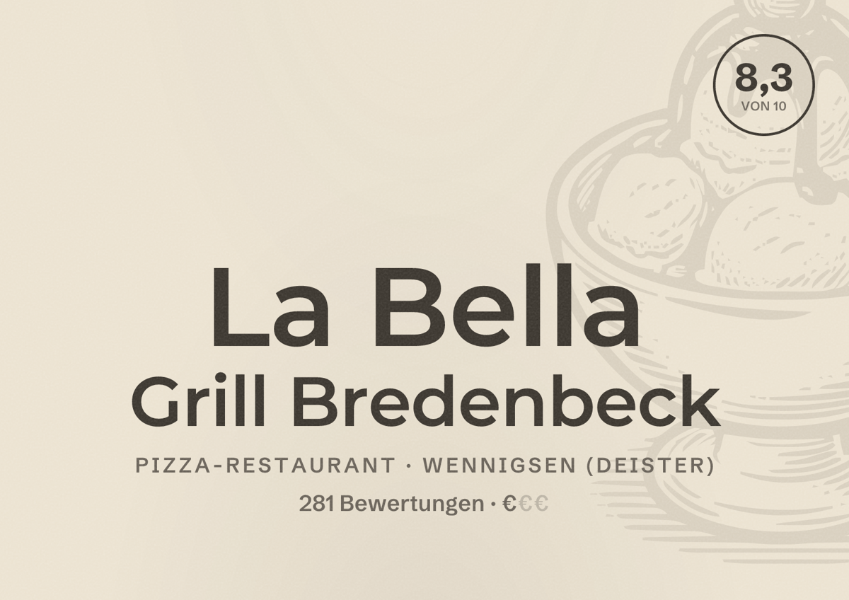 Illustriertes Poster von La Bella Grill Bredenbeck, Pizza-Restaurant in Wennigsen (Deister): Bewertung 8,3 von 10 aus 281 Bewertungen, Preisniveau €