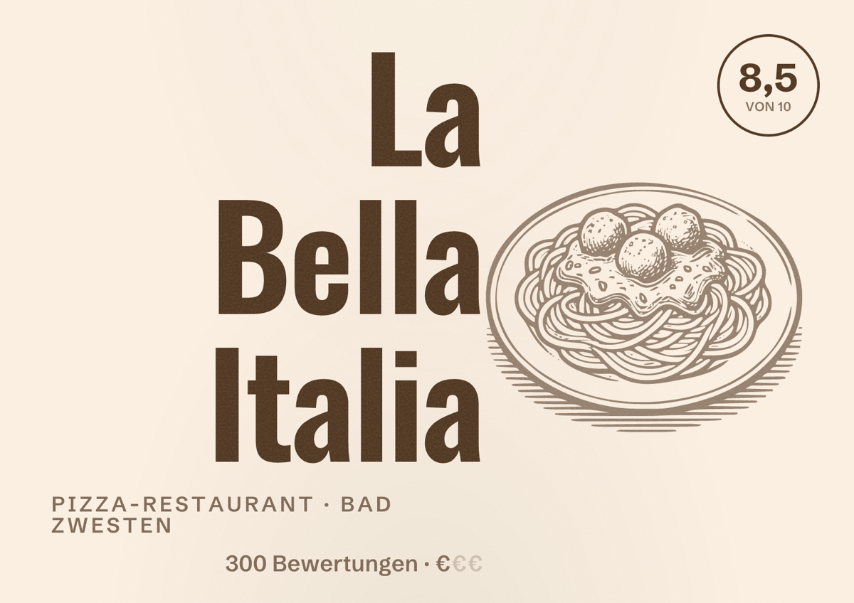 Illustriertes Poster von La Bella Italia, Pizza-Restaurant in Bad Zwesten: Bewertung 8,5 von 10 aus 300 Bewertungen, Preisniveau €