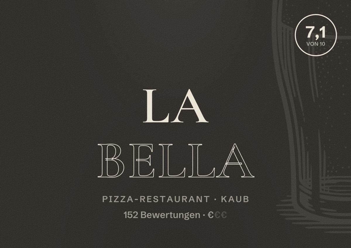 Illustriertes Poster von La Bella, Pizza-Restaurant in Kaub: Bewertung 7,1 von 10 aus 152 Bewertungen, Preisniveau €