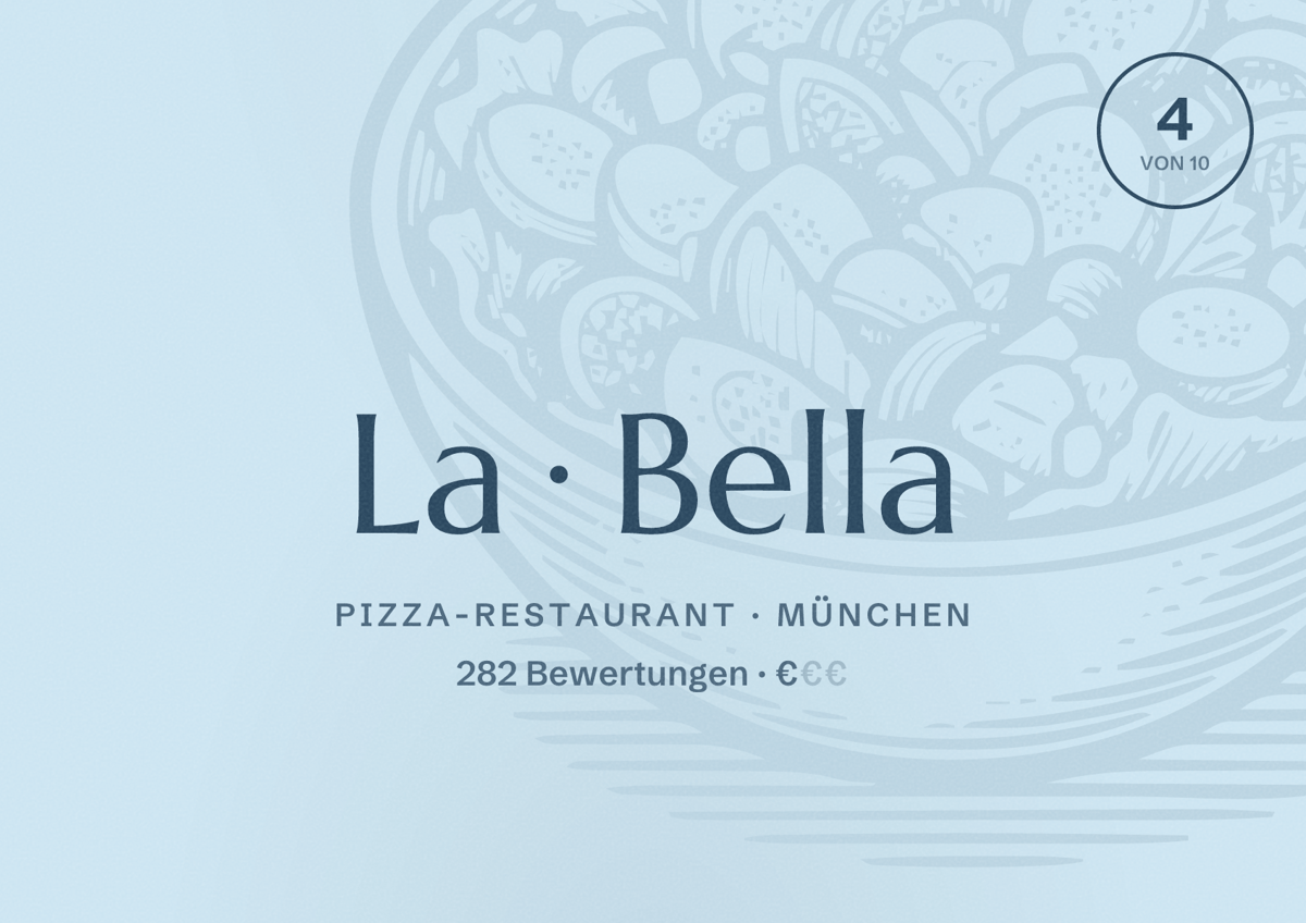 Illustriertes Poster von La Bella, Pizza-Restaurant in München: Bewertung 4,0 von 10 aus 282 Bewertungen, Preisniveau €