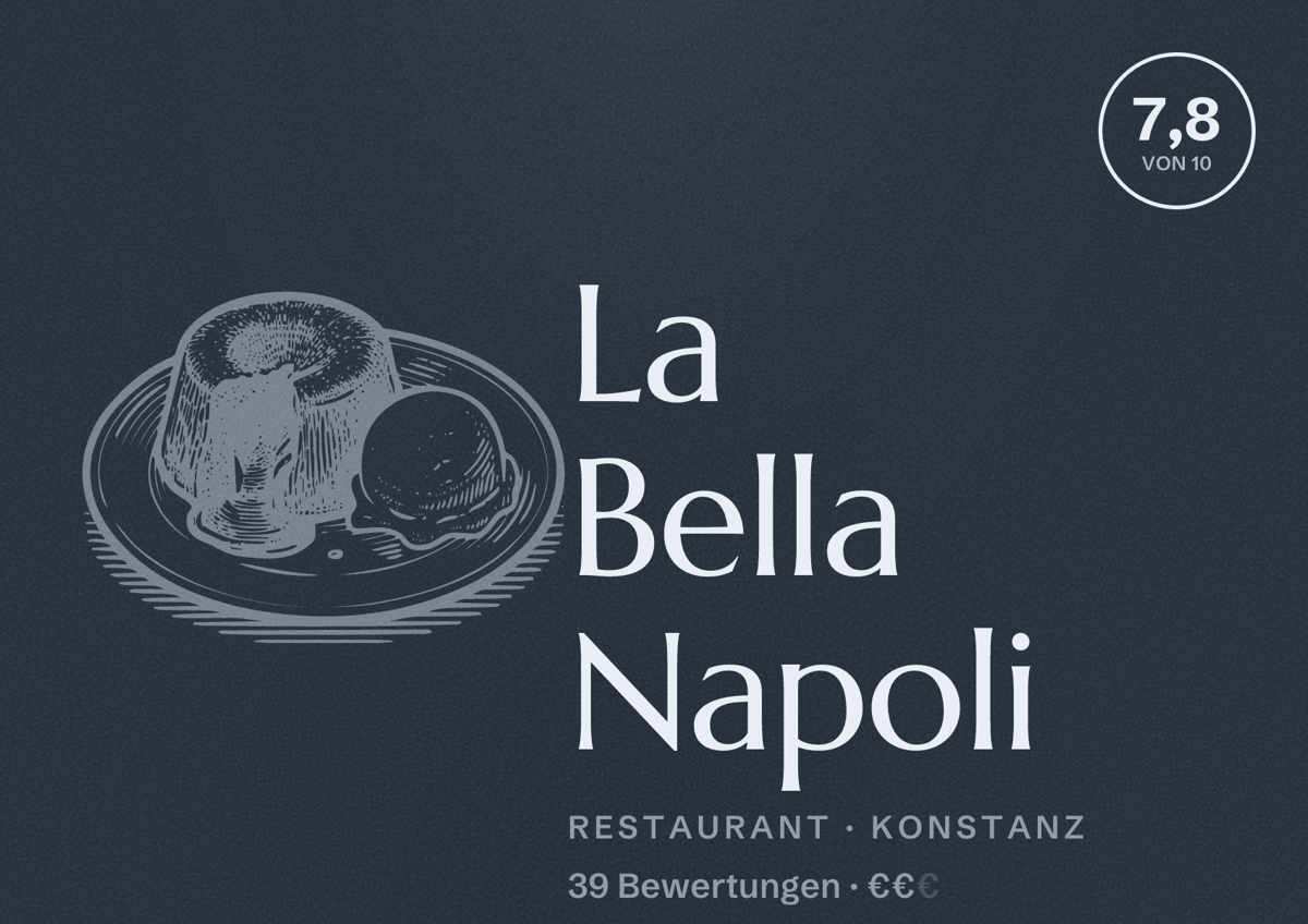 Illustriertes Poster von La Bella Napoli, Restaurant in Konstanz: Bewertung 7,8 von 10 aus 39 Bewertungen, Preisniveau €€
