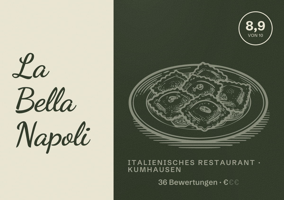 Illustriertes Poster von La Bella Napoli, Italienisches Restaurant in Kumhausen: Bewertung 8,9 von 10 aus 36 Bewertungen, Preisniveau €