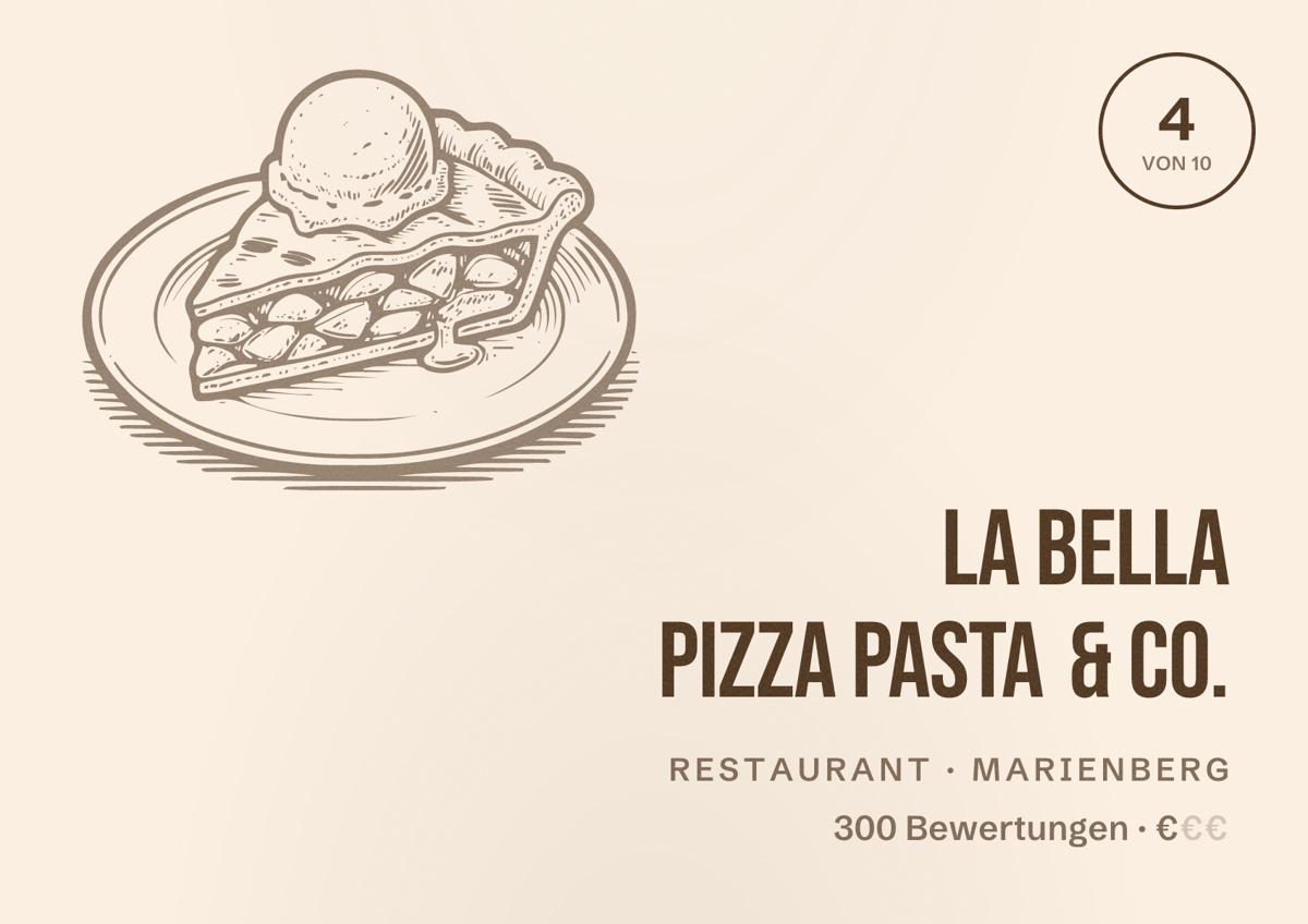 Illustriertes Poster von La Bella Pizza Pasta & Co., Restaurant in Marienberg: Bewertung 4 von 10 aus 300 Bewertungen, Preisniveau €