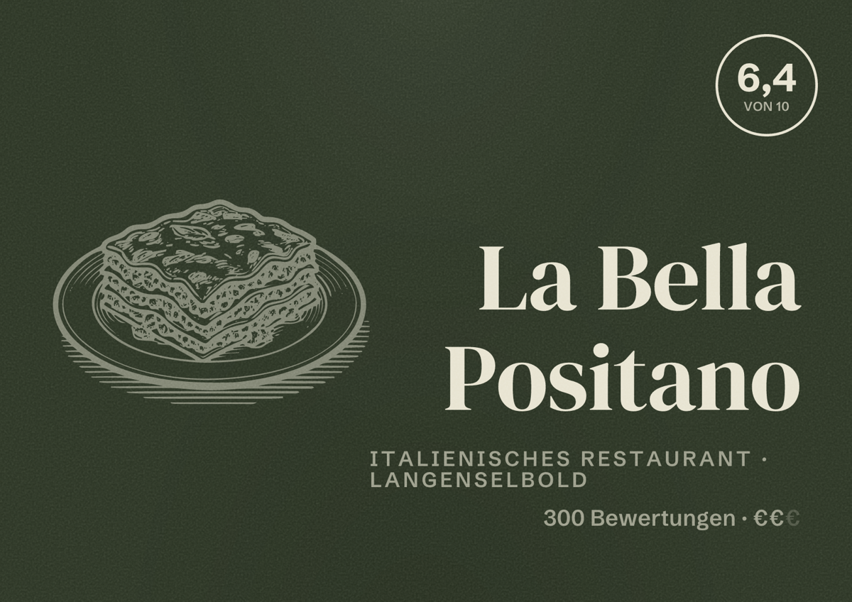 Illustriertes Poster von La Bella Positano, Italienisches Restaurant in Langenselbold: Bewertung 6,4 von 10 aus 300 Bewertungen, Preisniveau €€