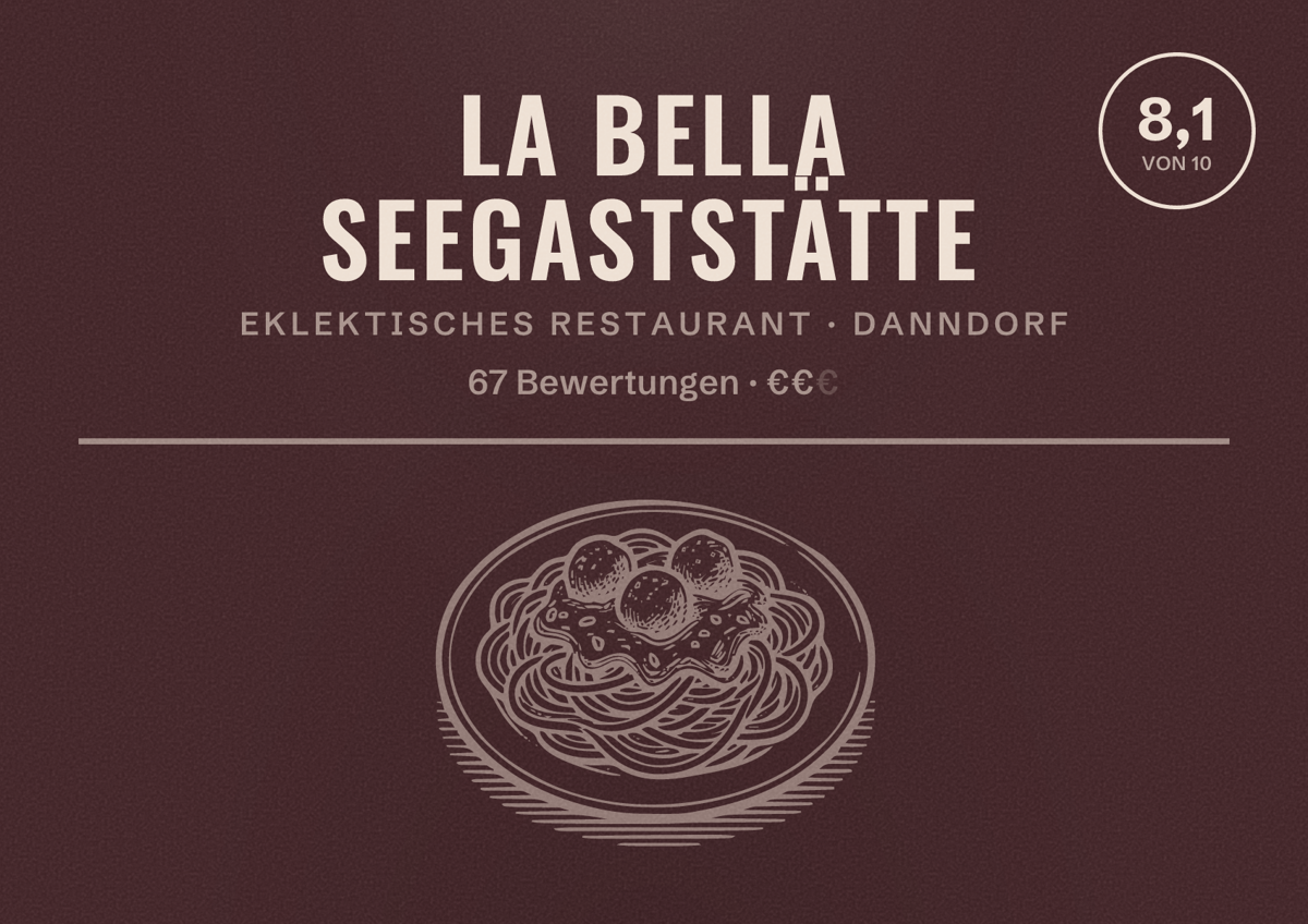 Illustriertes Poster von La Bella Seegaststätte, Eklektisches Restaurant in Danndorf: Bewertung 8,1 von 10 aus 67 Bewertungen, Preisniveau €€