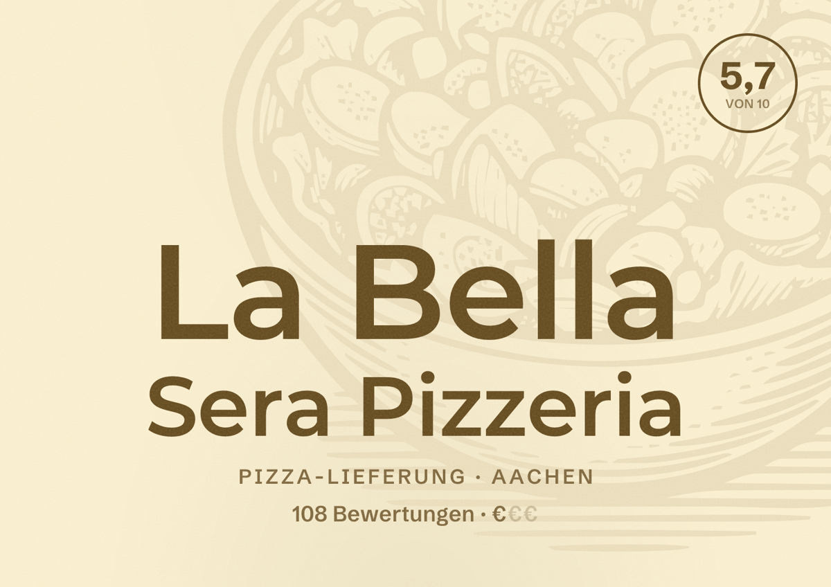 Illustriertes Poster von La Bella Sera Pizzeria, Pizza-Lieferung in Aachen: Bewertung 5,7 von 10 aus 108 Bewertungen, Preisniveau €