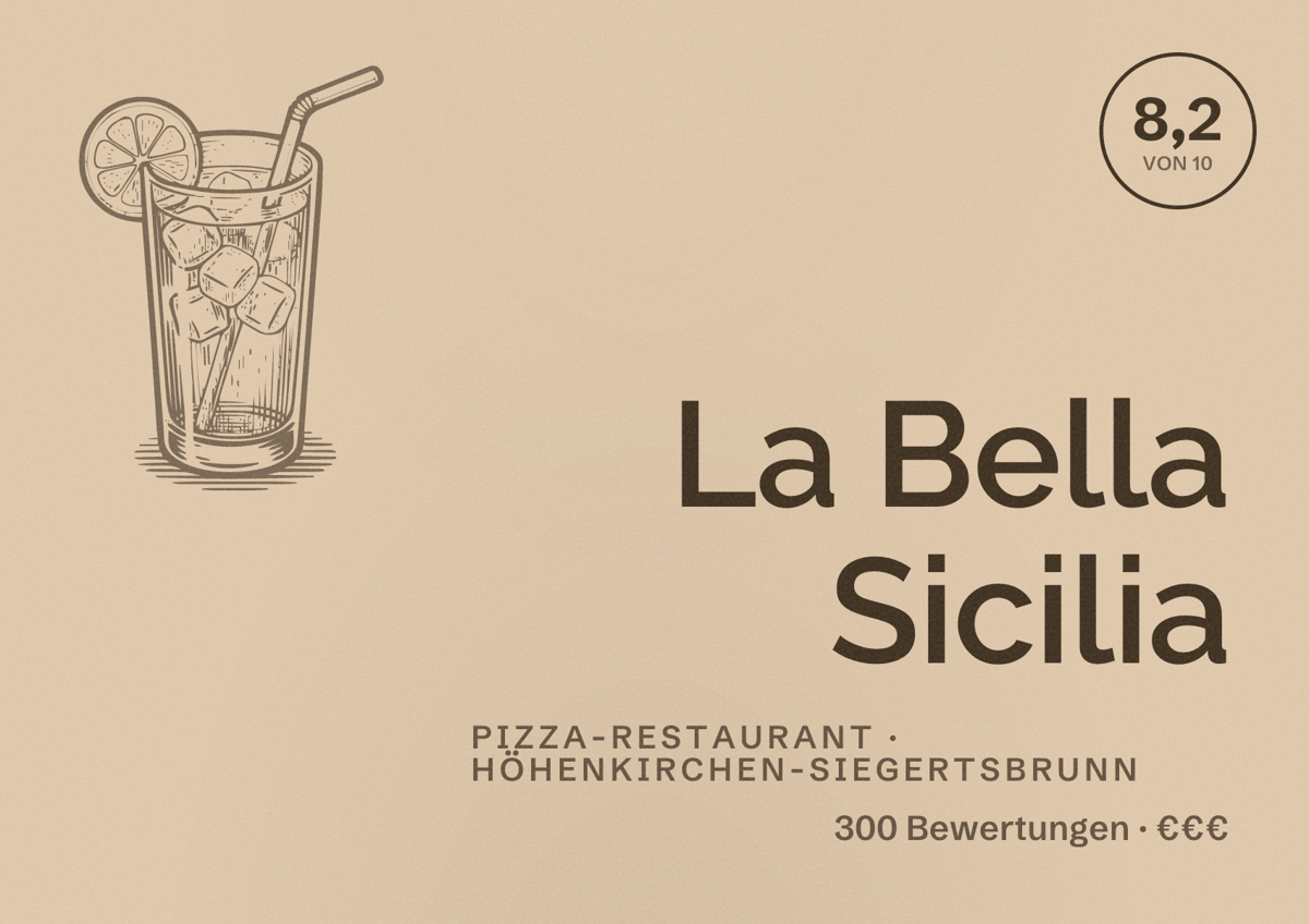 Illustriertes Poster von La Bella Sicilia, Pizza-Restaurant in Höhenkirchen-Siegertsbrunn: Bewertung 8,2 von 10 aus 300 Bewertungen, Preisniveau €€€