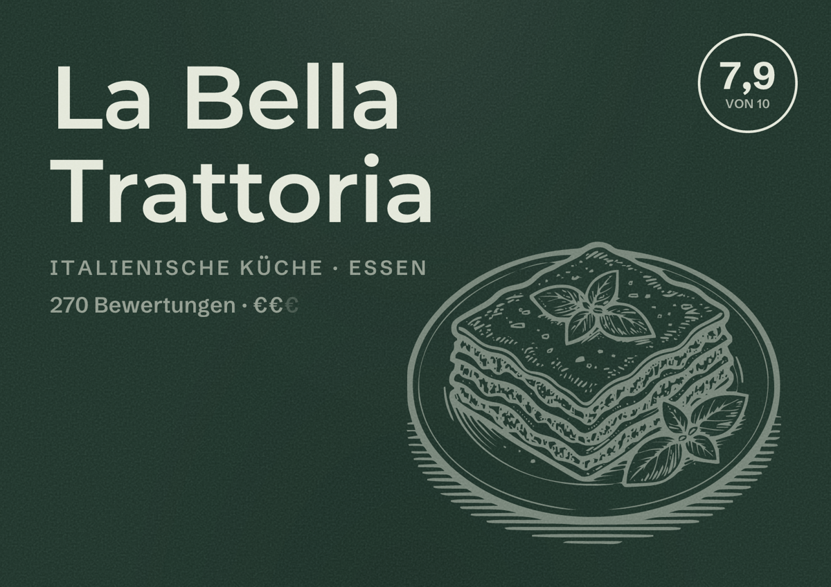 Illustriertes Poster von La Bella Trattoria, Italienische Küche in Essen: Bewertung 7,9 von 10 aus 270 Bewertungen, Preisniveau €€