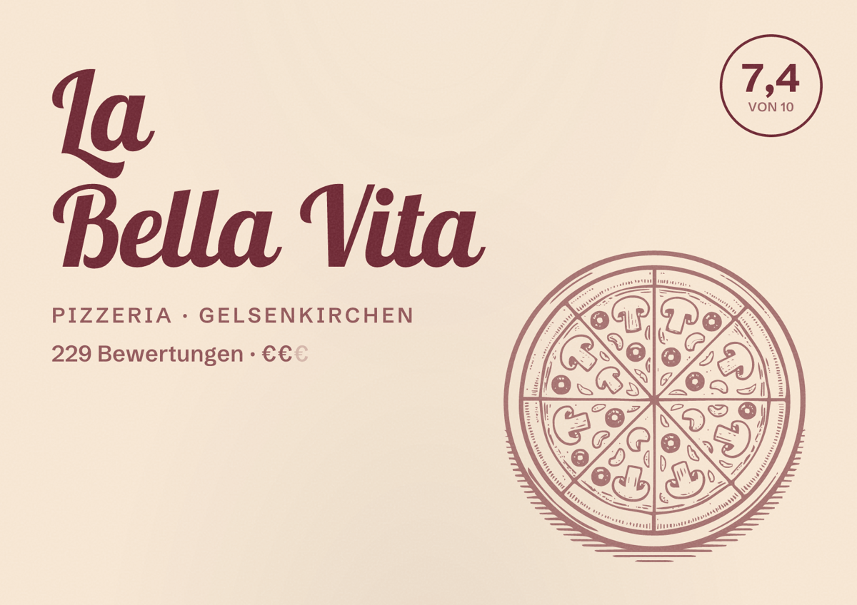 Illustriertes Poster von La Bella Vita, Pizzeria in Gelsenkirchen: Bewertung 7,4 von 10 aus 229 Bewertungen, Preisniveau €€