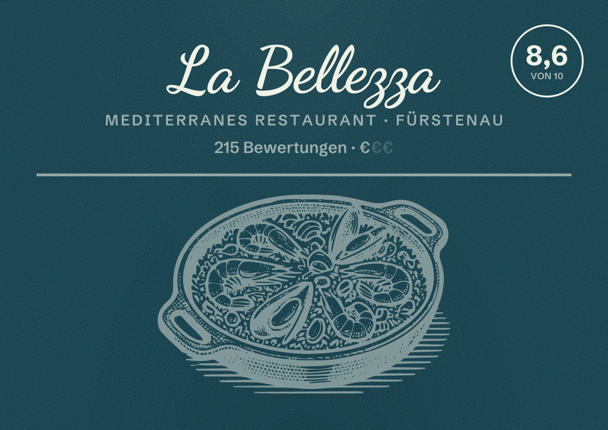 Illustriertes Poster von La Bellezza, Mediterranes Restaurant in Fürstenau: Bewertung 8,6 von 10 aus 215 Bewertungen, Preisniveau €