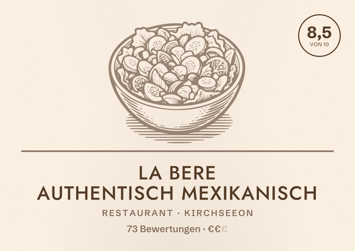 Illustriertes Poster von La Bere Authentisch Mexikanisch, Restaurant in Kirchseeon: Bewertung 8,5 von 10 aus 73 Bewertungen, Preisniveau €€