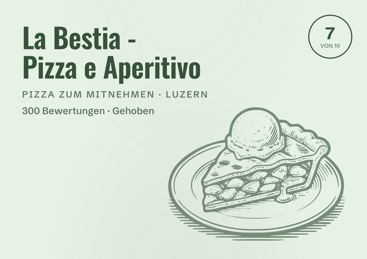 Illustriertes Poster von La Bestia - Pizza e Aperitivo, Pizza zum Mitnehmen in Luzern: Bewertung 7 von 10 aus 300 Bewertungen, Preisniveau Gehoben