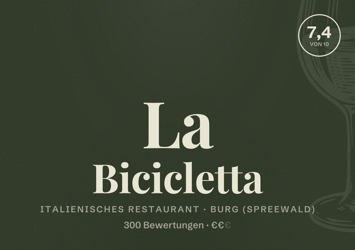 Illustriertes Poster von La Bicicletta, Italienisches Restaurant in Burg (Spreewald): Bewertung 7,4 von 10 aus 300 Bewertungen, Preisniveau €€