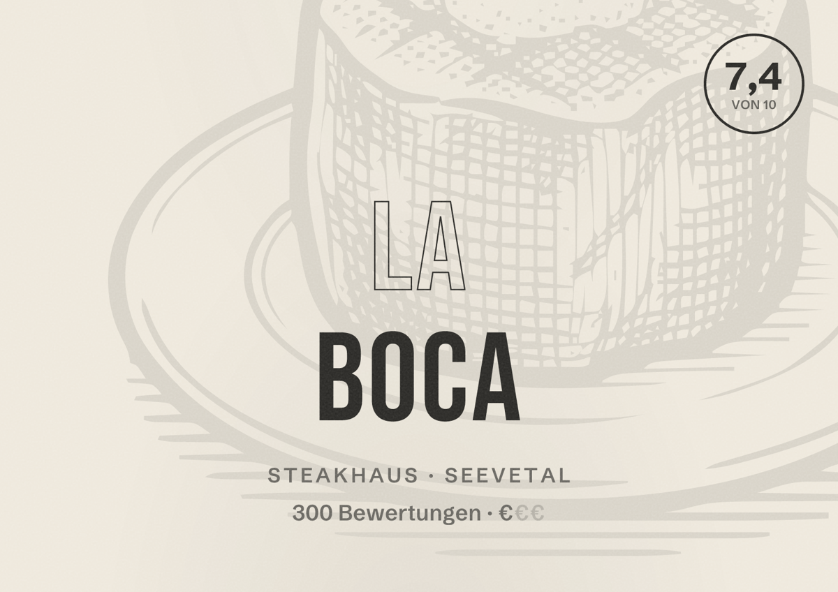 Illustriertes Poster von La Boca, Steakhaus in Seevetal: Bewertung 7,4 von 10 aus 300 Bewertungen, Preisniveau €