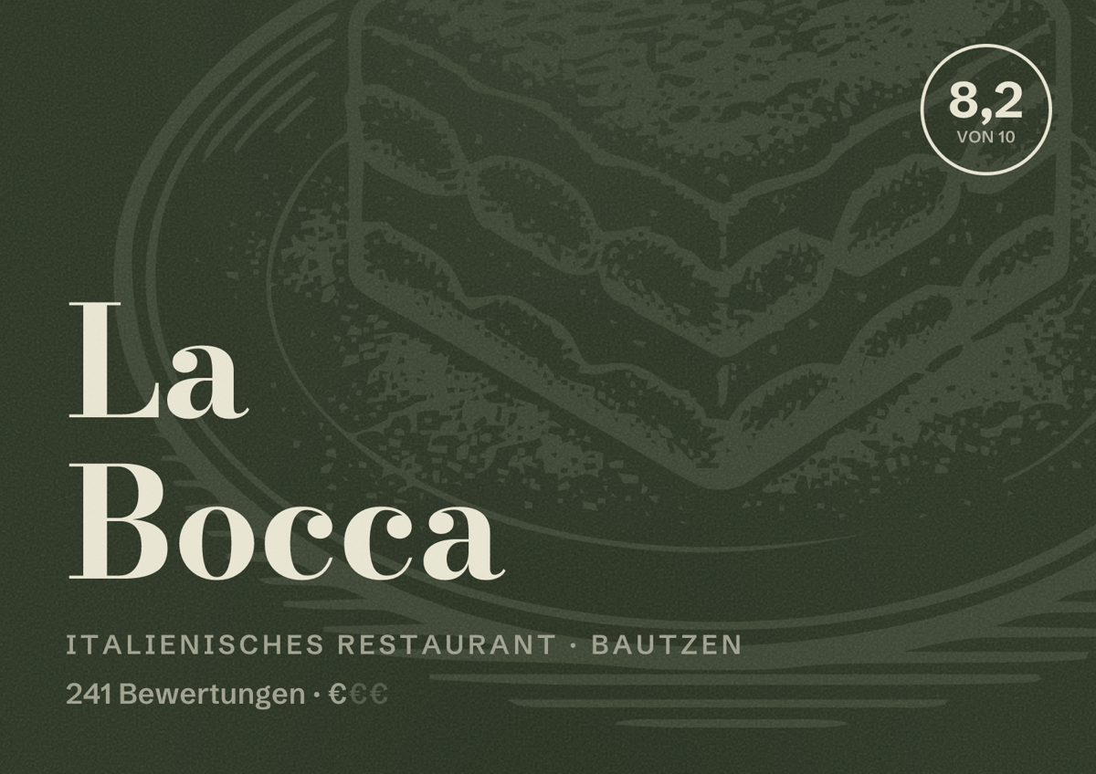 Illustriertes Poster von La Bocca, Italienisches Restaurant in Bautzen: Bewertung 8,2 von 10 aus 241 Bewertungen, Preisniveau €
