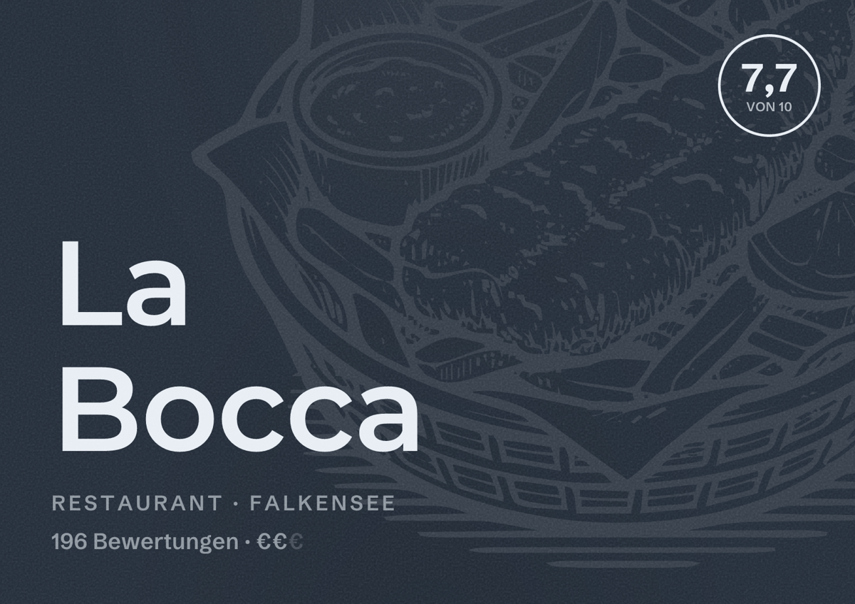 Illustriertes Poster von La Bocca, Restaurant in Falkensee: Bewertung 7,7 von 10 aus 196 Bewertungen, Preisniveau €€