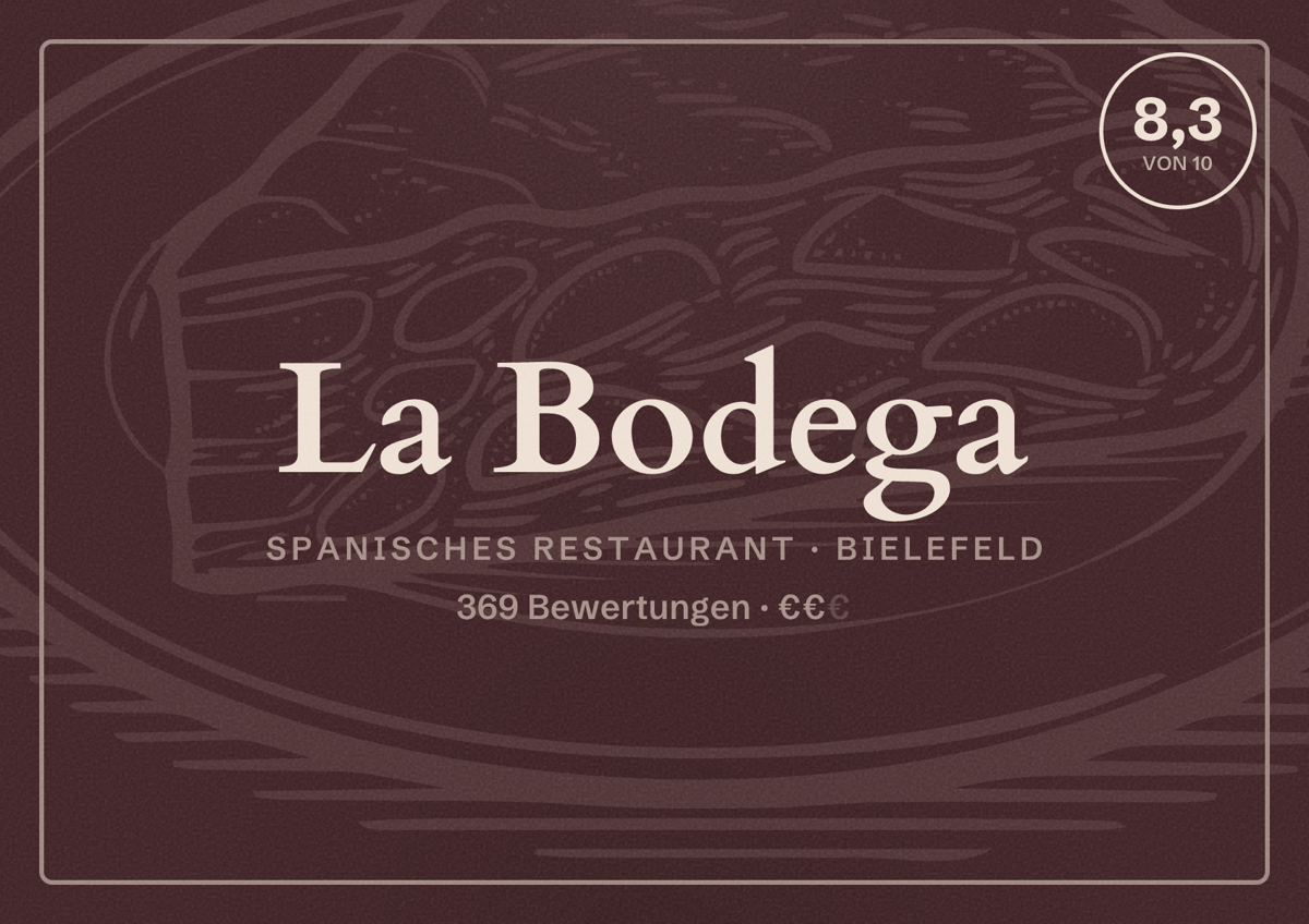 Illustriertes Poster von La Bodega, Spanisches Restaurant in Bielefeld: Bewertung 8,3 von 10 aus 369 Bewertungen, Preisniveau €€