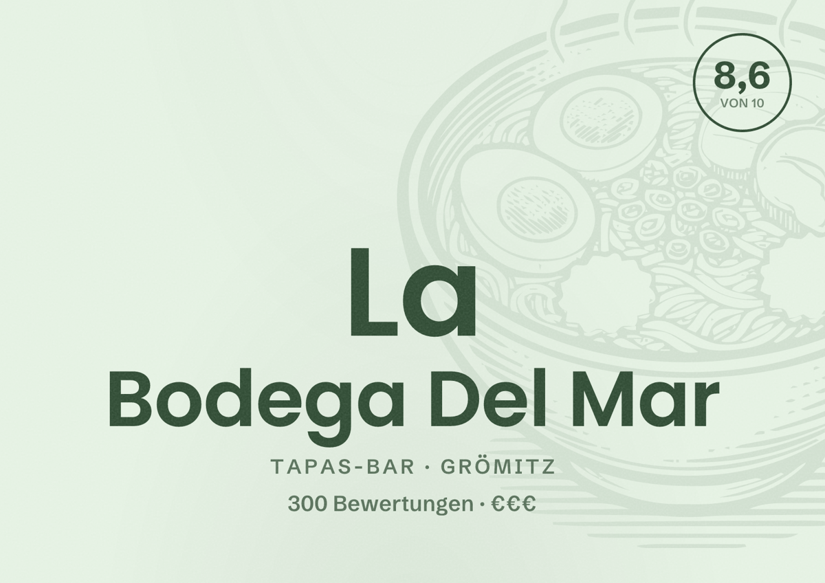 Illustriertes Poster von La Bodega Del Mar, Tapas-Bar in Grömitz: Bewertung 8,6 von 10 aus 300 Bewertungen, Preisniveau €€€