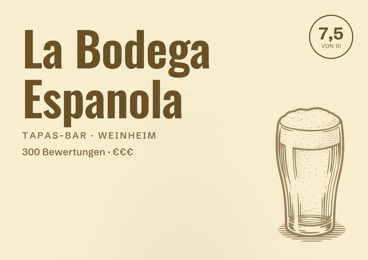 Illustriertes Poster von La Bodega Espanola, Tapas-Bar in Weinheim: Bewertung 7,5 von 10 aus 300 Bewertungen, Preisniveau €€€