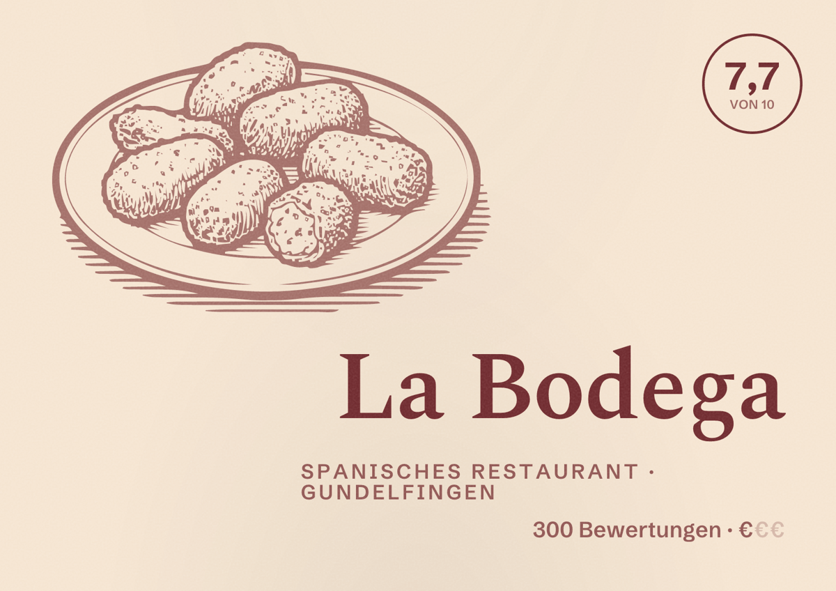 Illustriertes Poster von La Bodega, Spanisches Restaurant in Gundelfingen: Bewertung 7,7 von 10 aus 300 Bewertungen, Preisniveau €