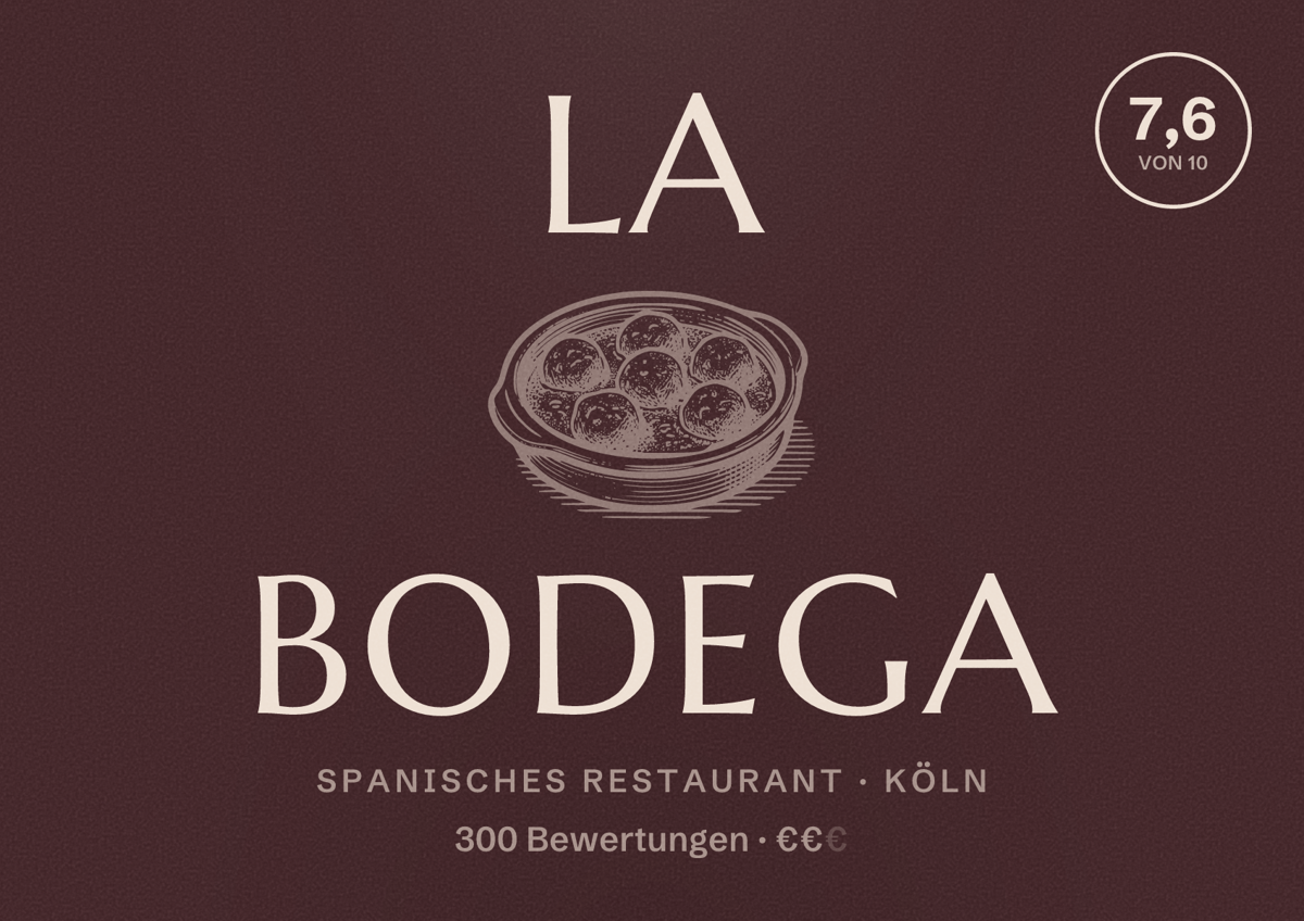 Illustriertes Poster von La Bodega, Spanisches Restaurant in Köln: Bewertung 7,6 von 10 aus 300 Bewertungen, Preisniveau €€