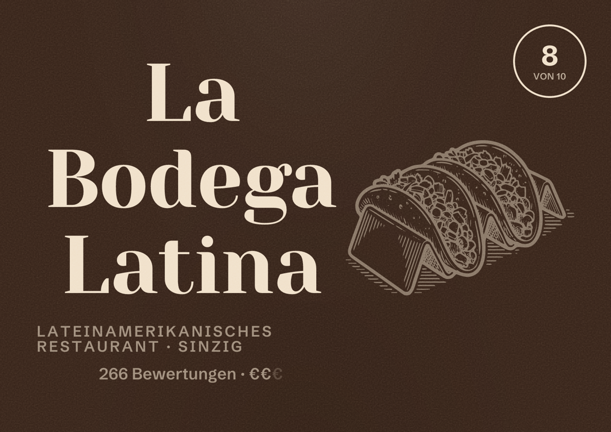 Illustriertes Poster von La Bodega Latina, Lateinamerikanisches Restaurant in Sinzig: Bewertung 8 von 10 aus 266 Bewertungen, Preisniveau €€