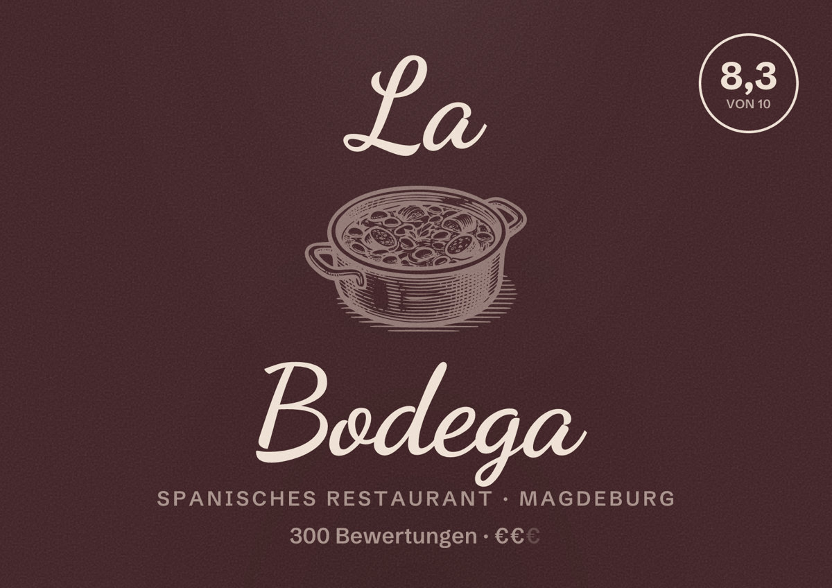 Illustriertes Poster von La Bodega, Spanisches Restaurant in Magdeburg: Bewertung 8,3 von 10 aus 300 Bewertungen, Preisniveau €€