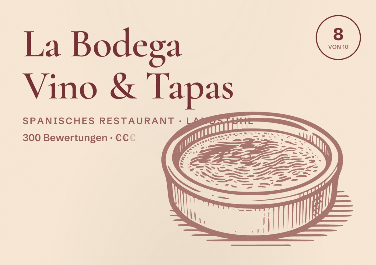 Illustriertes Poster von La Bodega Vino & Tapas, Spanisches Restaurant in Landstuhl: Bewertung 8 von 10 aus 300 Bewertungen, Preisniveau €€