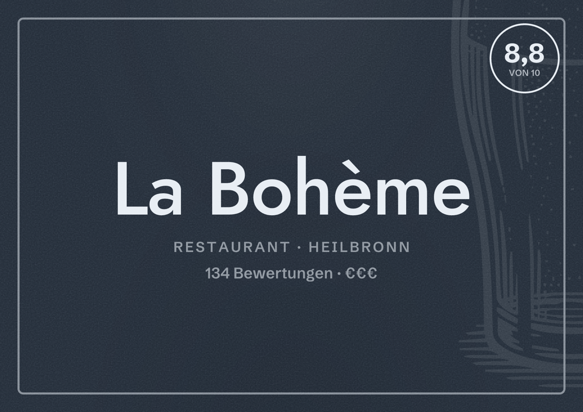 Illustriertes Poster von La Bohème, Restaurant in Heilbronn: Bewertung 8,8 von 10 aus 134 Bewertungen, Preisniveau €€€