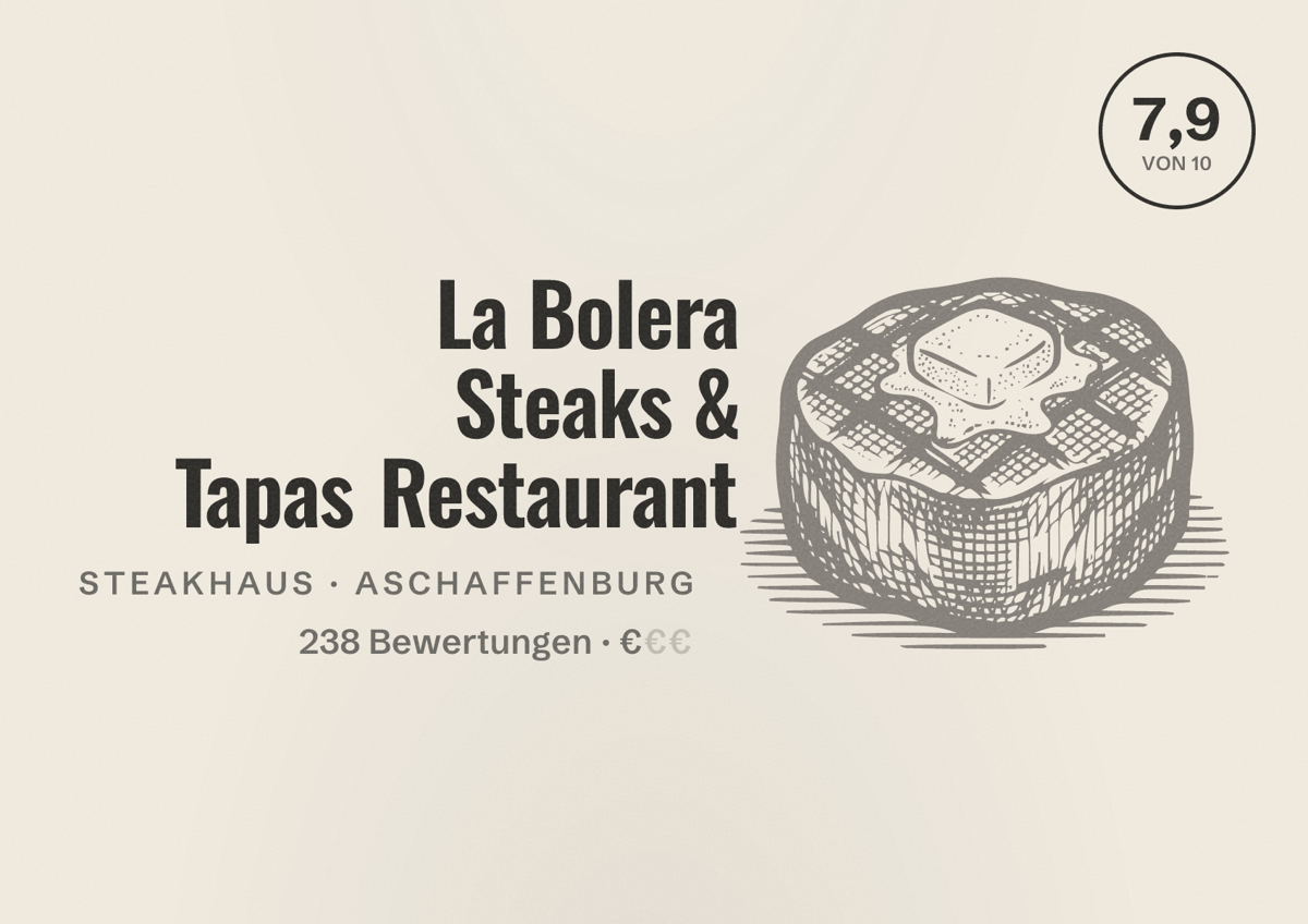Illustriertes Poster von La Bolera Steaks & Tapas Restaurant, Steakhaus in Aschaffenburg: Bewertung 7,9 von 10 aus 238 Bewertungen, Preisniveau €