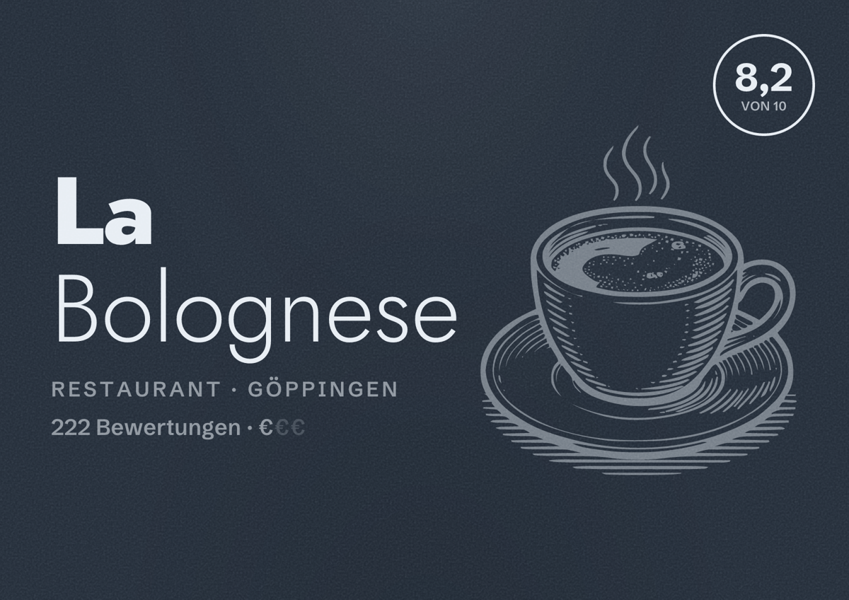 Illustriertes Poster von La Bolognese, Restaurant in Göppingen: Bewertung 8,2 von 10 aus 222 Bewertungen, Preisniveau €
