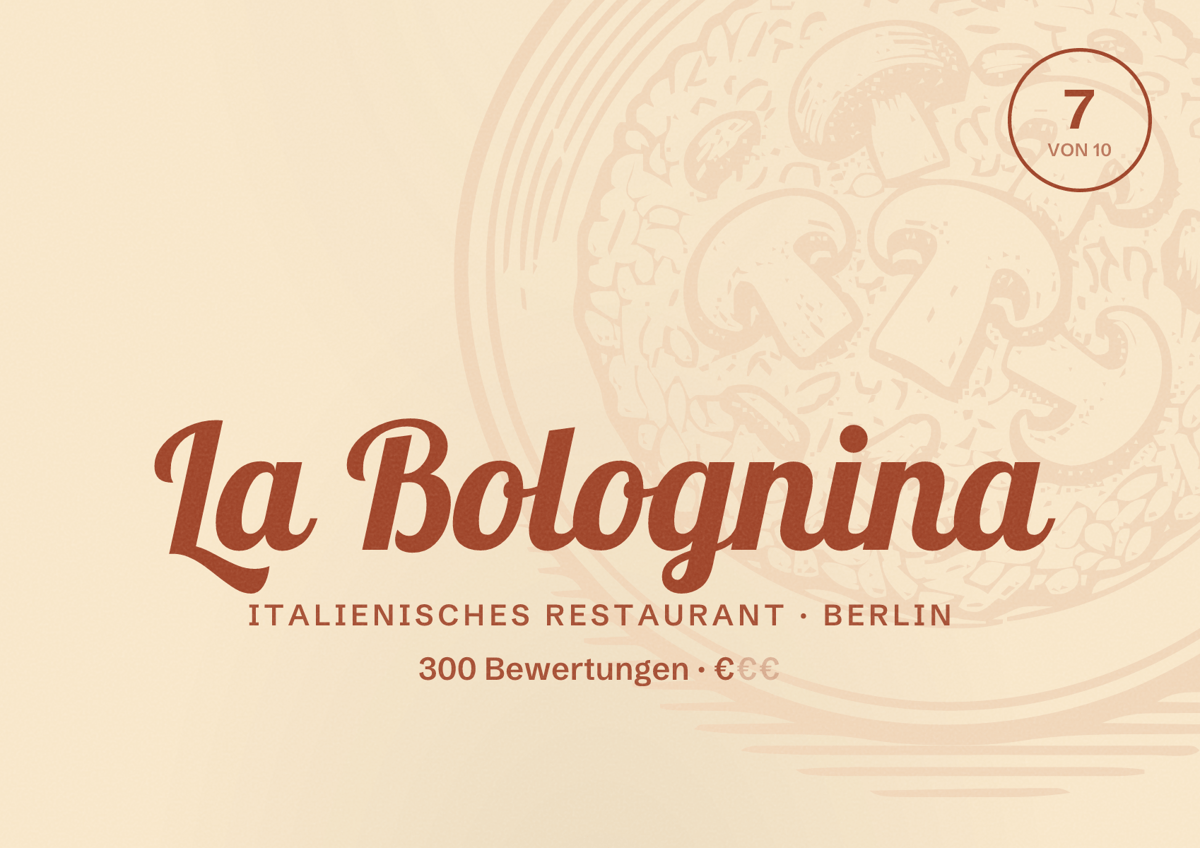 Illustriertes Poster von La Bolognina, Italienisches Restaurant in Berlin: Bewertung 7,0 von 10 aus 300 Bewertungen, Preisniveau €