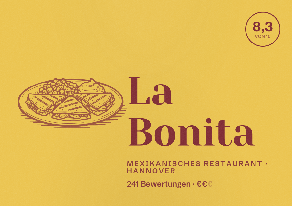 Illustriertes Poster von La Bonita, Mexikanisches Restaurant in Hannover: Bewertung 8,3 von 10 aus 241 Bewertungen, Preisniveau €€