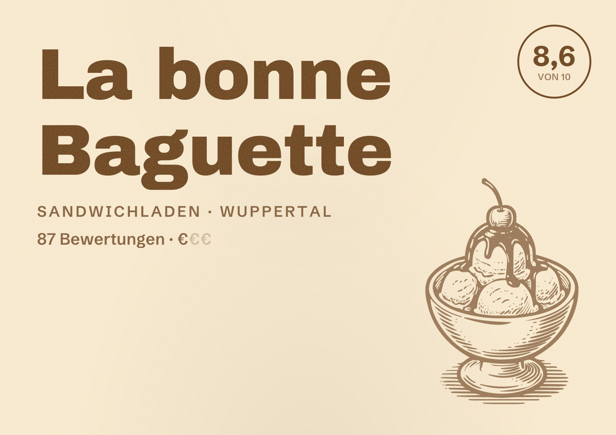 Illustriertes Poster von La bonne Baguette, Sandwichladen in Wuppertal: Bewertung 8,6 von 10 aus 87 Bewertungen, Preisniveau €