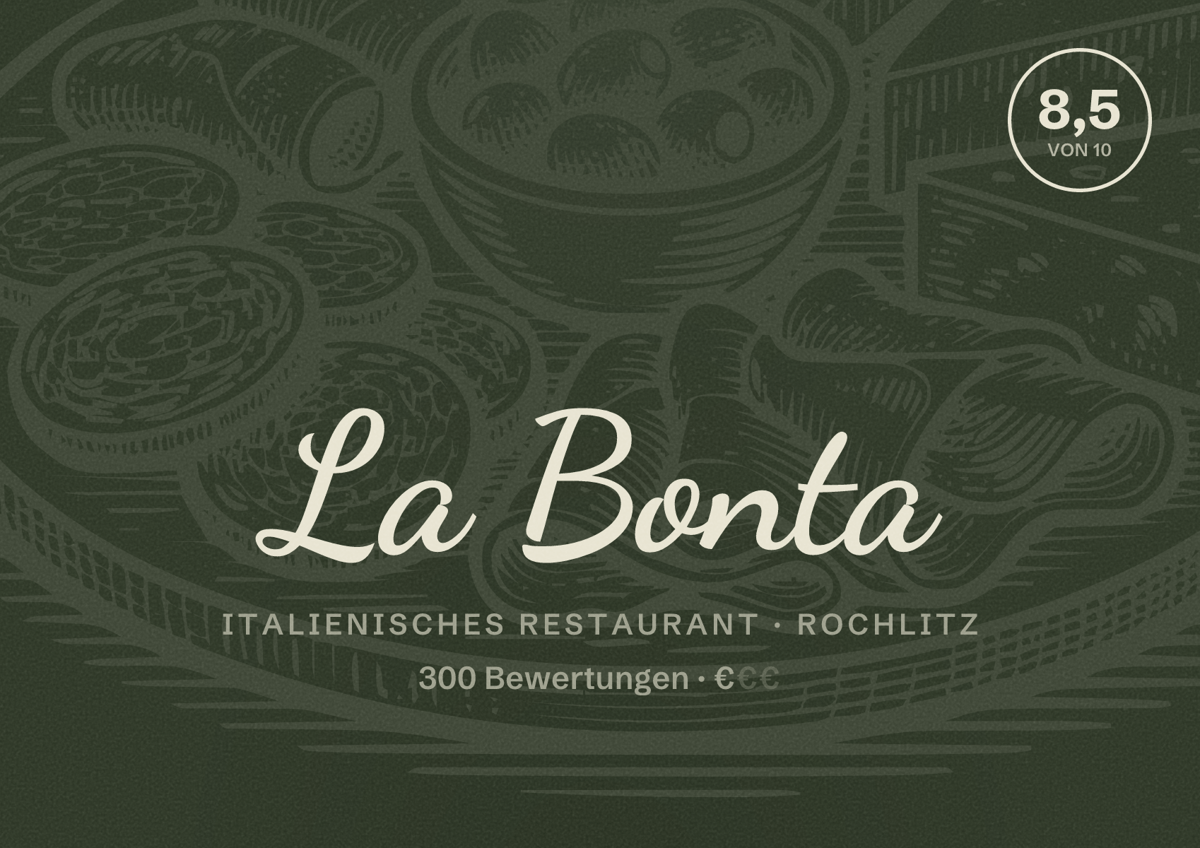 Illustriertes Poster von La Bonta, Italienisches Restaurant in Rochlitz: Bewertung 8,5 von 10 aus 300 Bewertungen, Preisniveau €